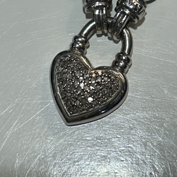 Sterling Silver 925 Diamond Heart Charm Rolo Link Toggle Bracelet Signed KRN - Picture 7 of 16